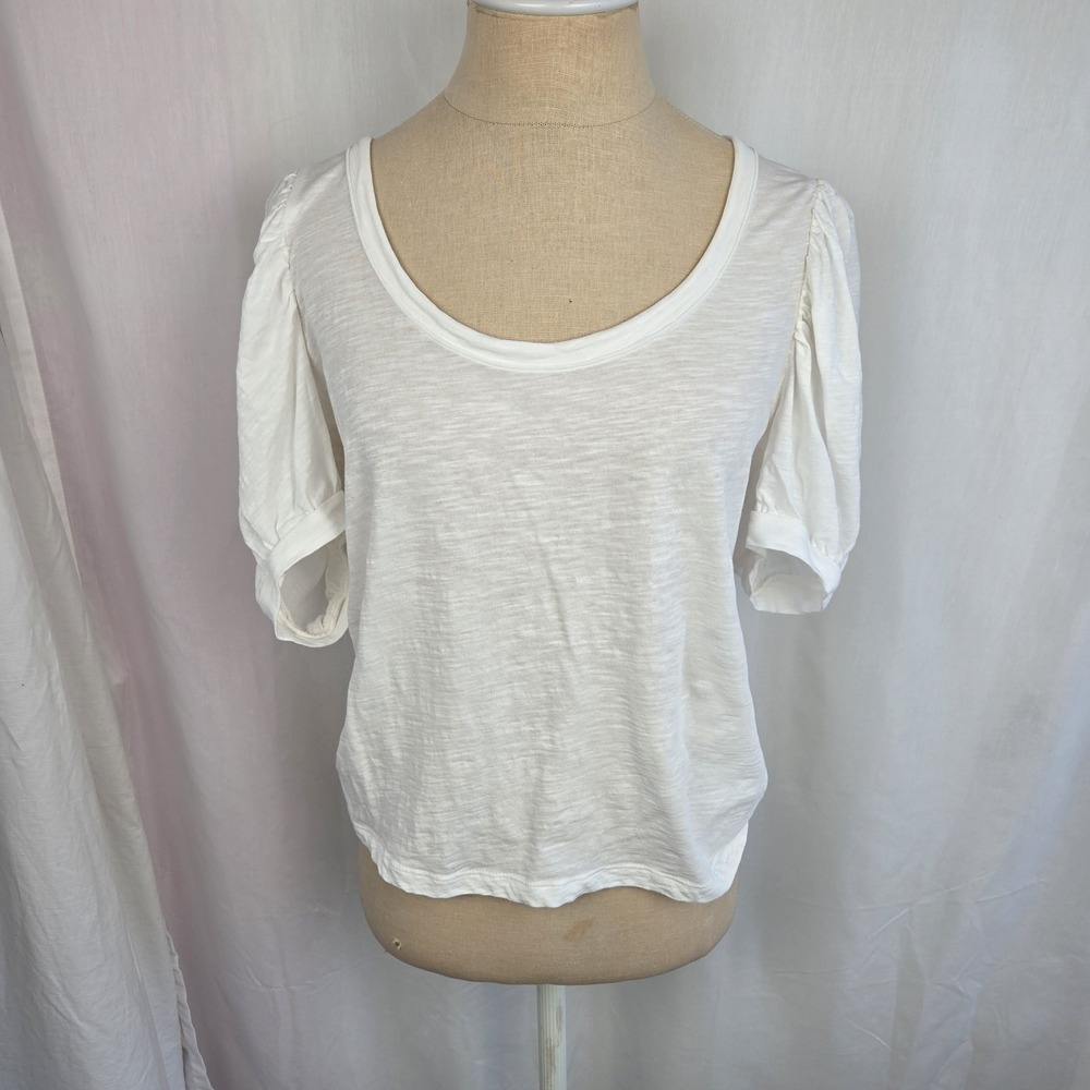 Anthropologie White Puff Sleeve Cotton T-shirt Scoop Neck Top Size L Lightweight